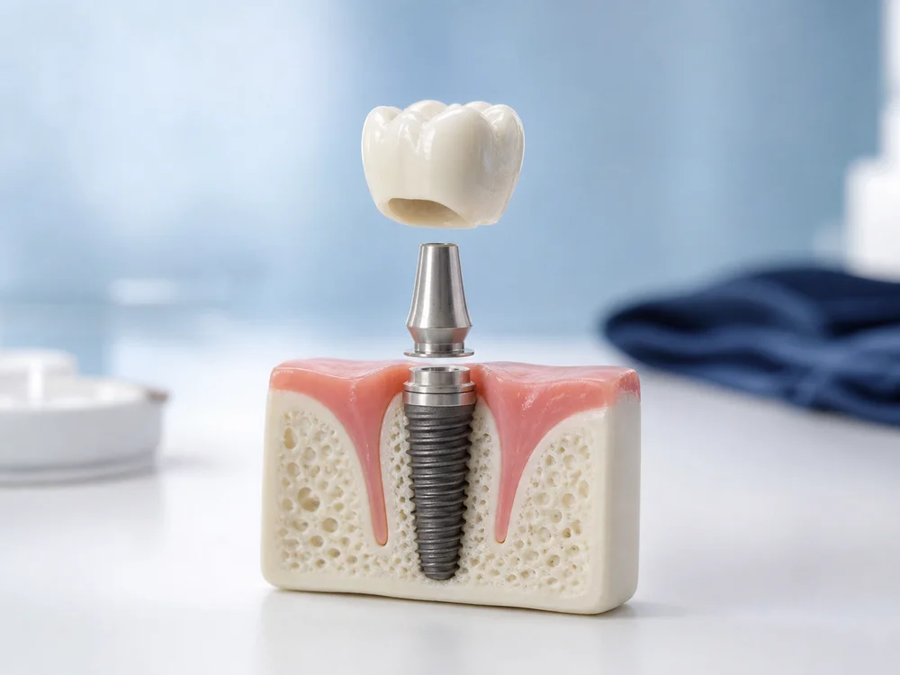 Implant et couronne dentaires — illustration générée par IA